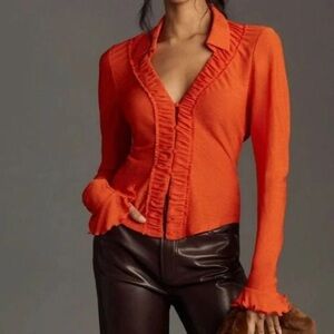 Anthropologie Red Orange Textured Ruffle Sleeve Button Down Blouse Sz XS NWT